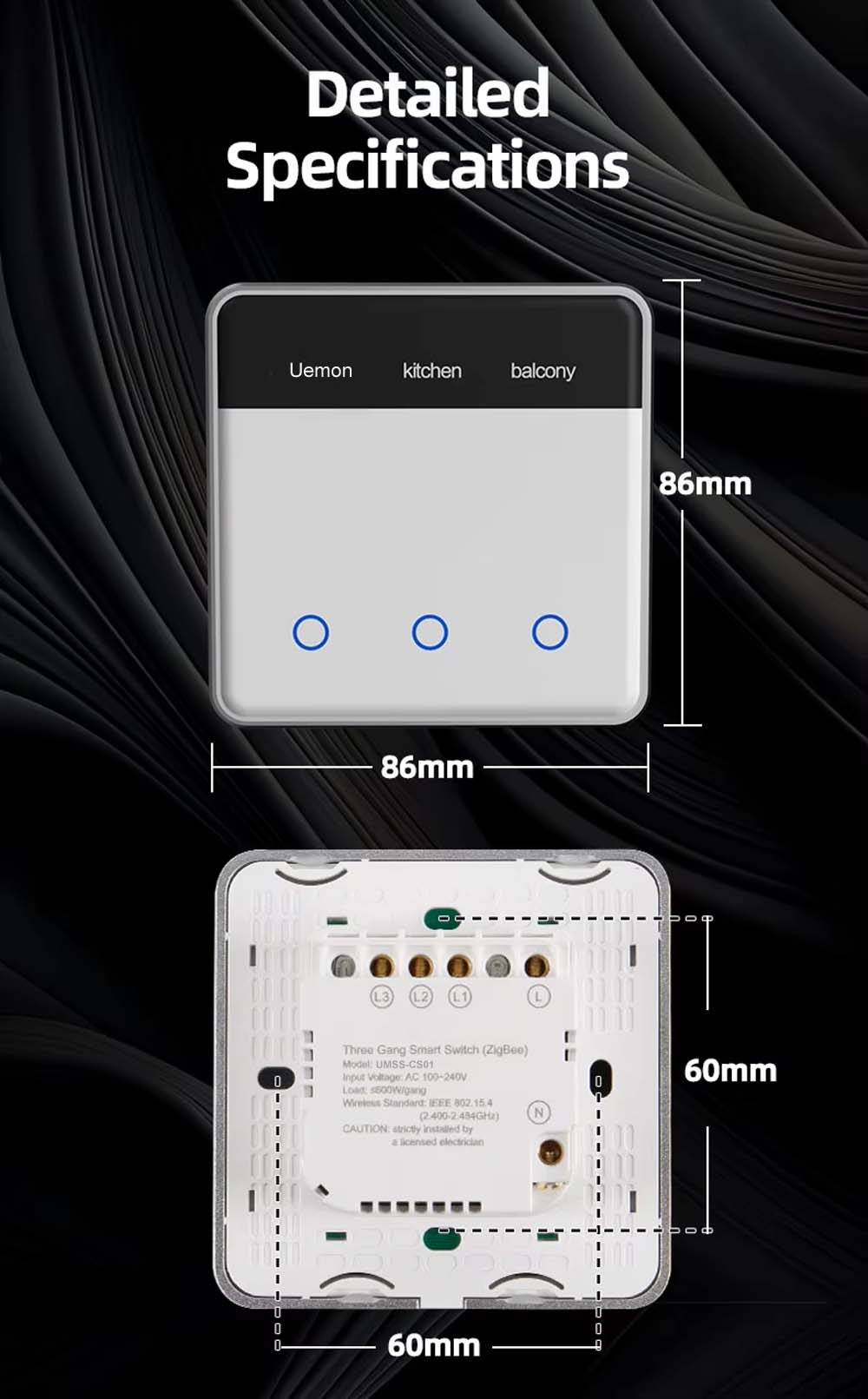 UEMON Smart Home Automation 86*86MM Smart Switches with screen display & aluminum frame