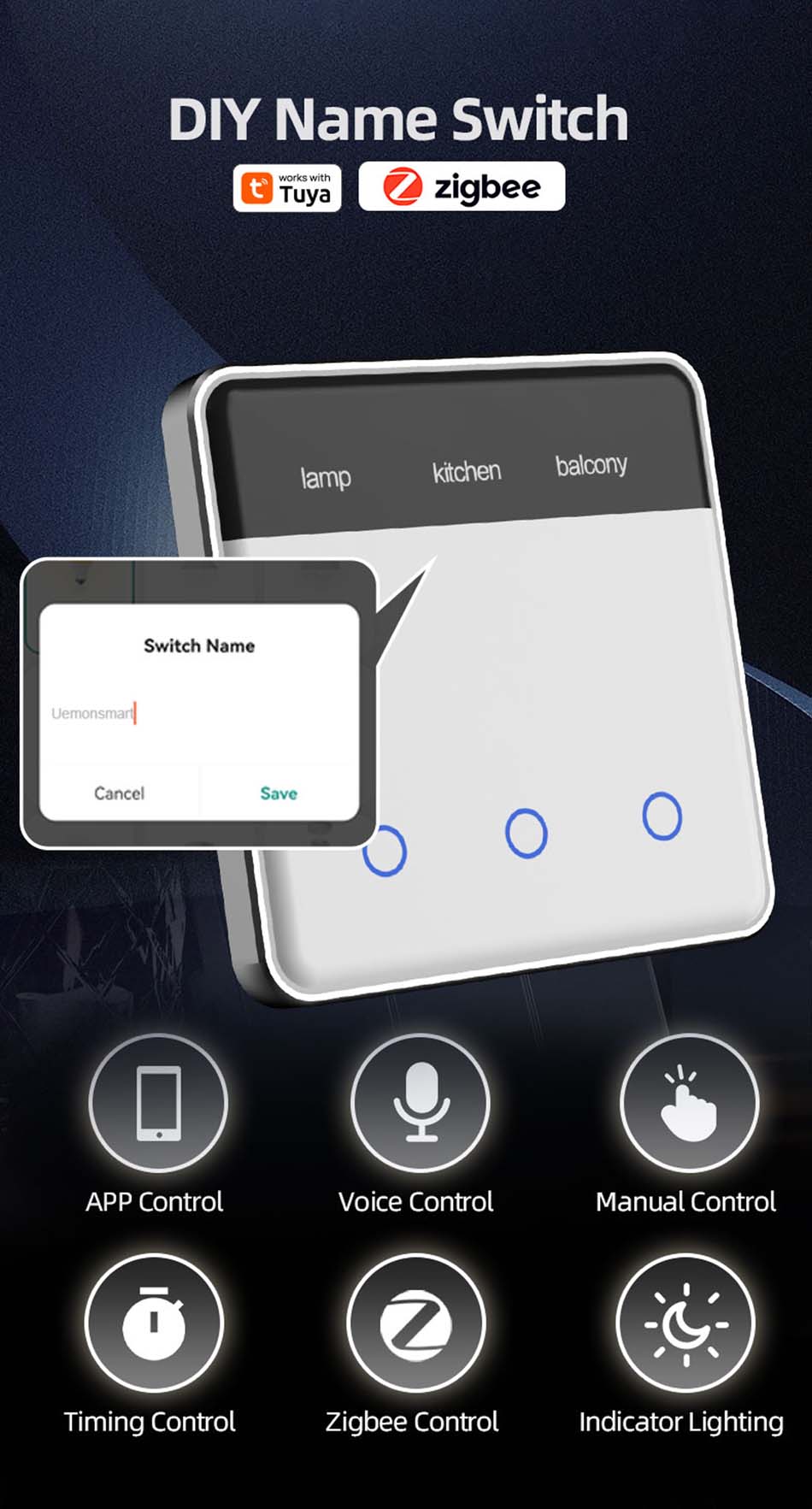 UEMON Smart Home Automation 86*86MM Smart Switches with screen display & aluminum frame
