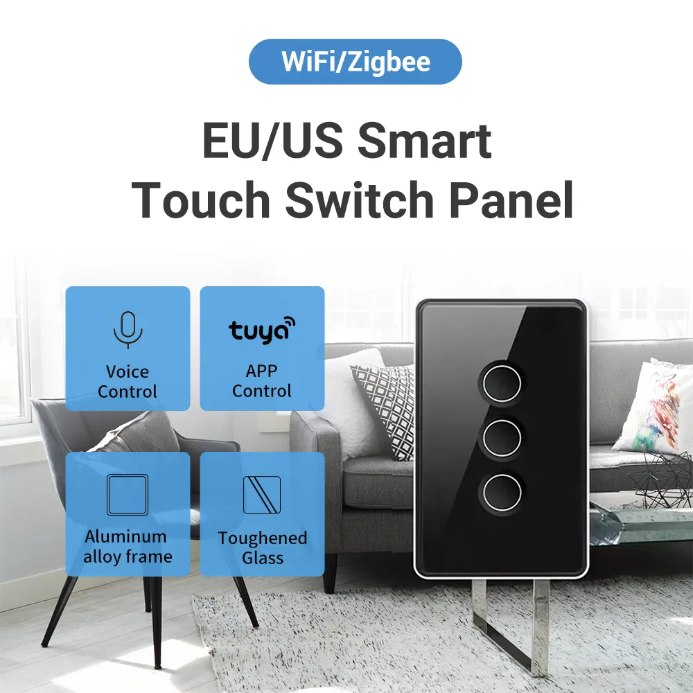 UEMON Zigbee & Wifi Smart Touch Screen Tuya App Remote Control Home Hotel Use US Standards 1/2/3/4 Gang Wall Switch with Concave Glass