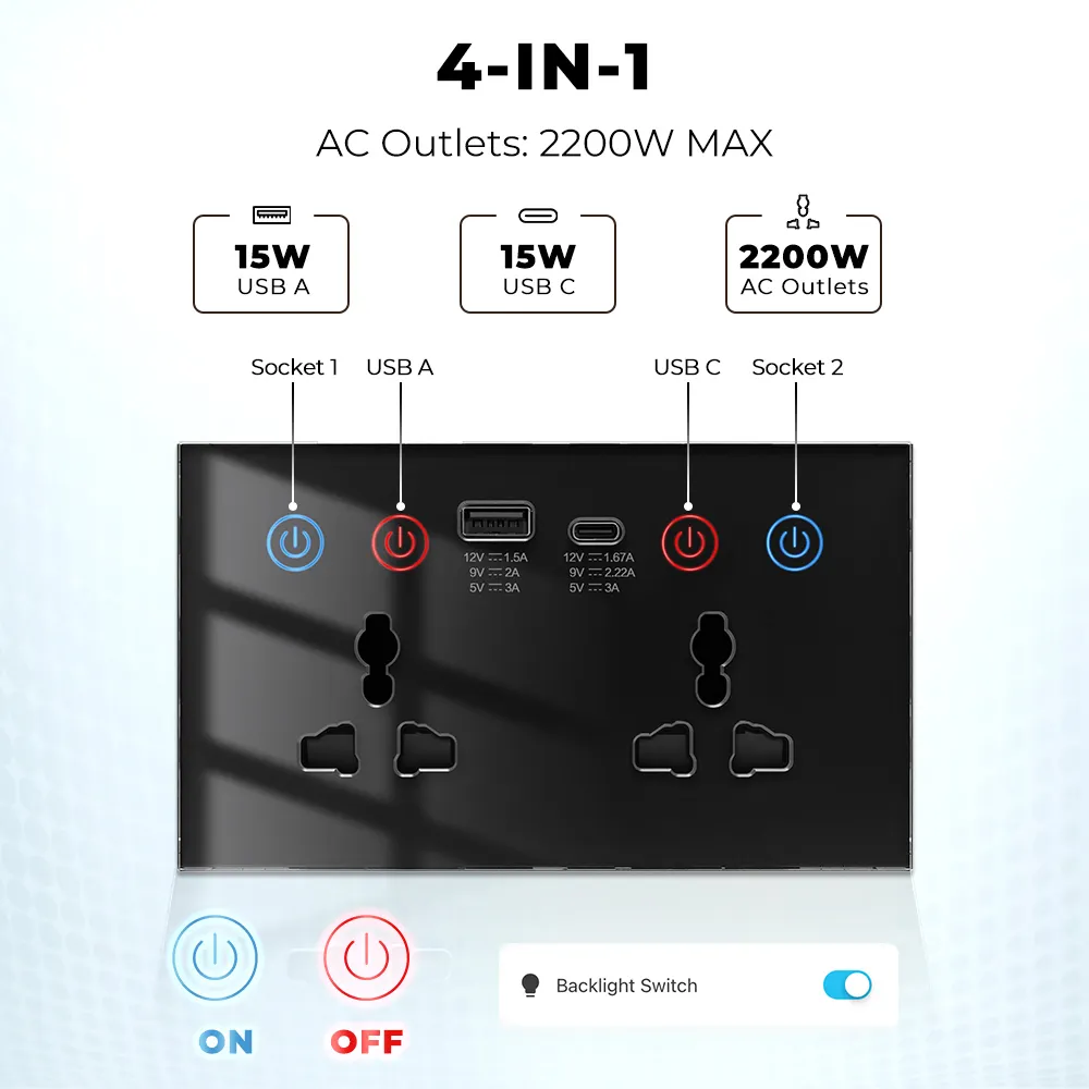 UEMON Smart Home 13A 110V/220V USB Type-C 147mm Glass Panel Wall Socket Double Zigbee & wifi Universal Smart Power Monitor Socket