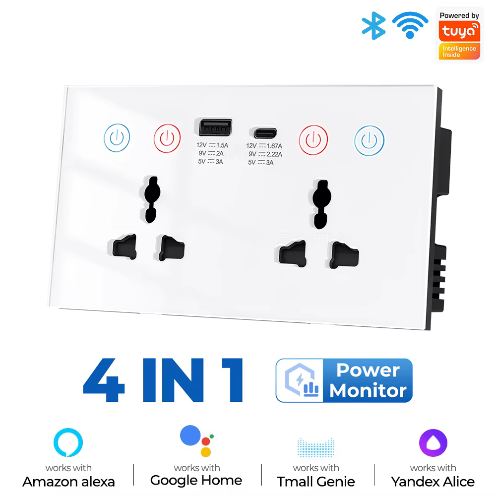 UEMON Smart Home 13A 110V/220V USB Type-C 147mm Glass Panel Wall Socket Double Zigbee & wifi Universal Smart Power Monitor Socket