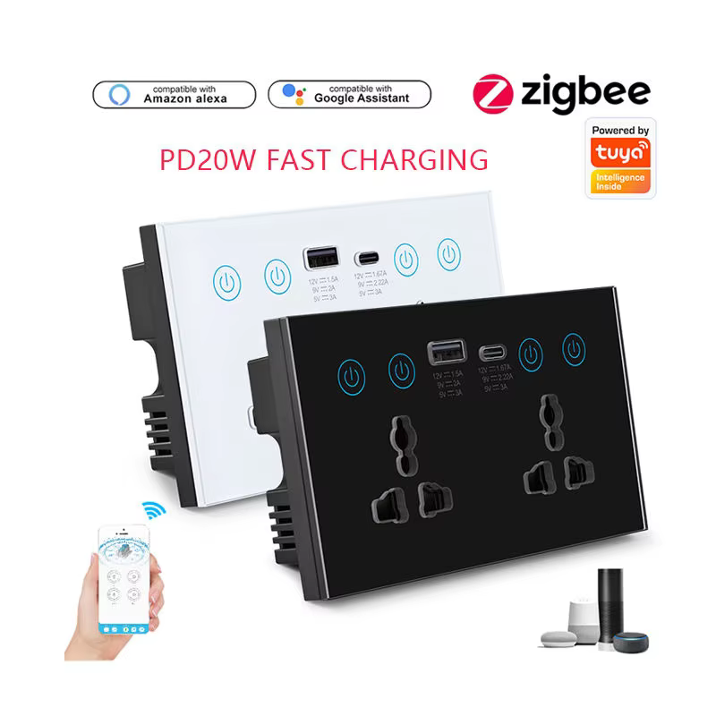 UEMON Smart Home 13A 110V/220V USB Type-C 147mm Glass Panel Wall Socket Double Zigbee & wifi Universal Smart Power Monitor Socket