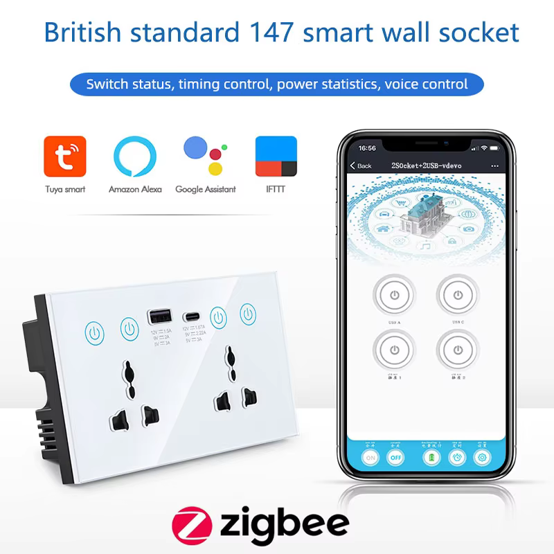 UEMON Smart Home 13A 110V/220V USB Type-C 147mm Glass Panel Wall Socket Double Zigbee & wifi Universal Smart Power Monitor Socket