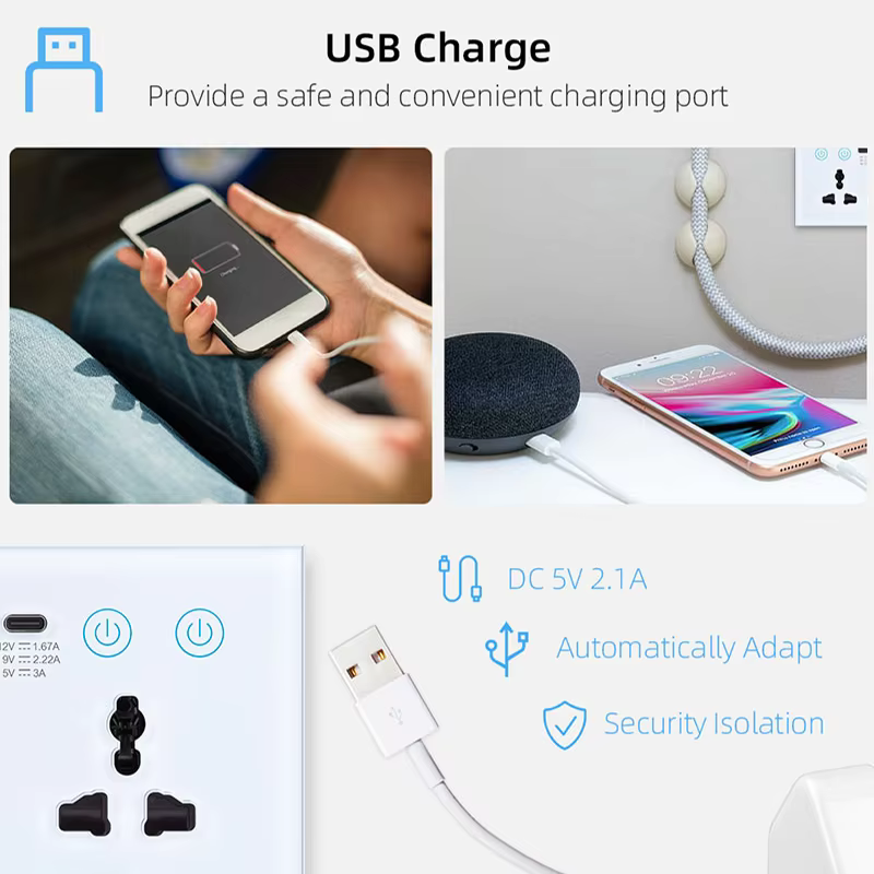 UEMON Smart Home 13A 110V/220V USB Type-C 147mm Glass Panel Wall Socket Double Zigbee & wifi Universal Smart Power Monitor Socket