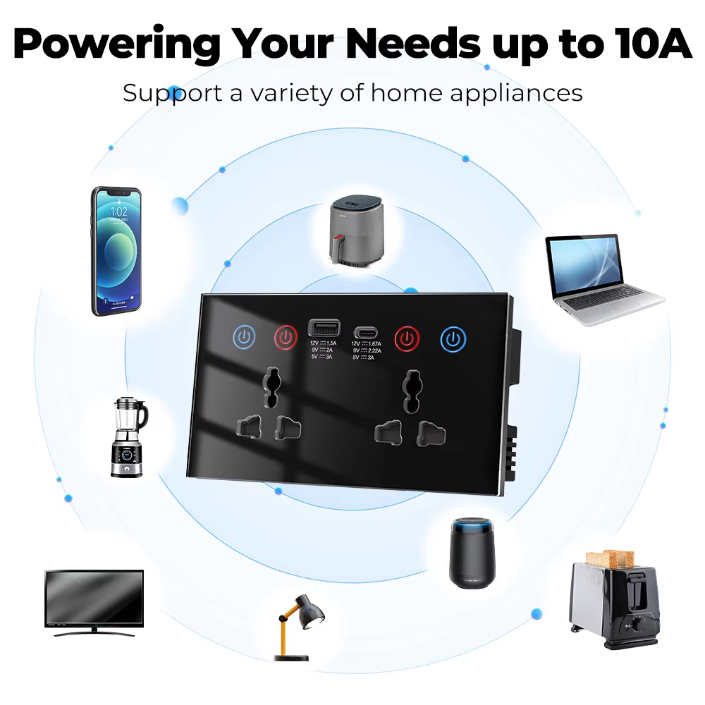 UEMON Smart Home 13A 110V/220V USB Type-C 147mm Glass Panel Wall Socket Double Zigbee & wifi Universal Smart Power Monitor Socket