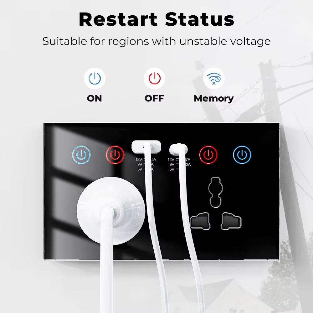 UEMON Smart Home 13A 110V/220V USB Type-C 147mm Glass Panel Wall Socket Double Zigbee & wifi Universal Smart Power Monitor Socket