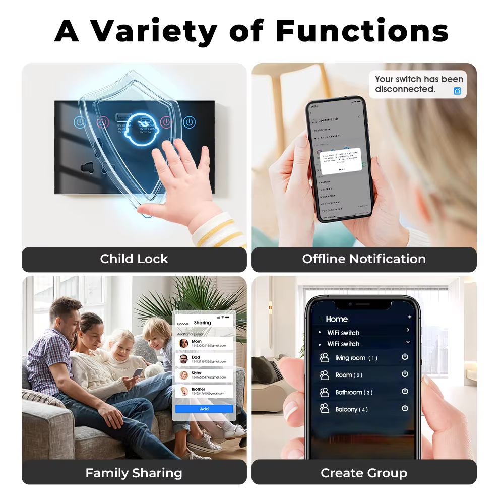 UEMON Smart Home 13A 110V/220V USB Type-C 147mm Glass Panel Wall Socket Double Zigbee & wifi Universal Smart Power Monitor Socket