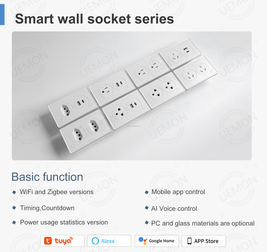 UEMON Smart Home Universal Tuya 1/2 Gang Wifi & Zigbee Wall Smart Touch Electrical Switches and Sockets