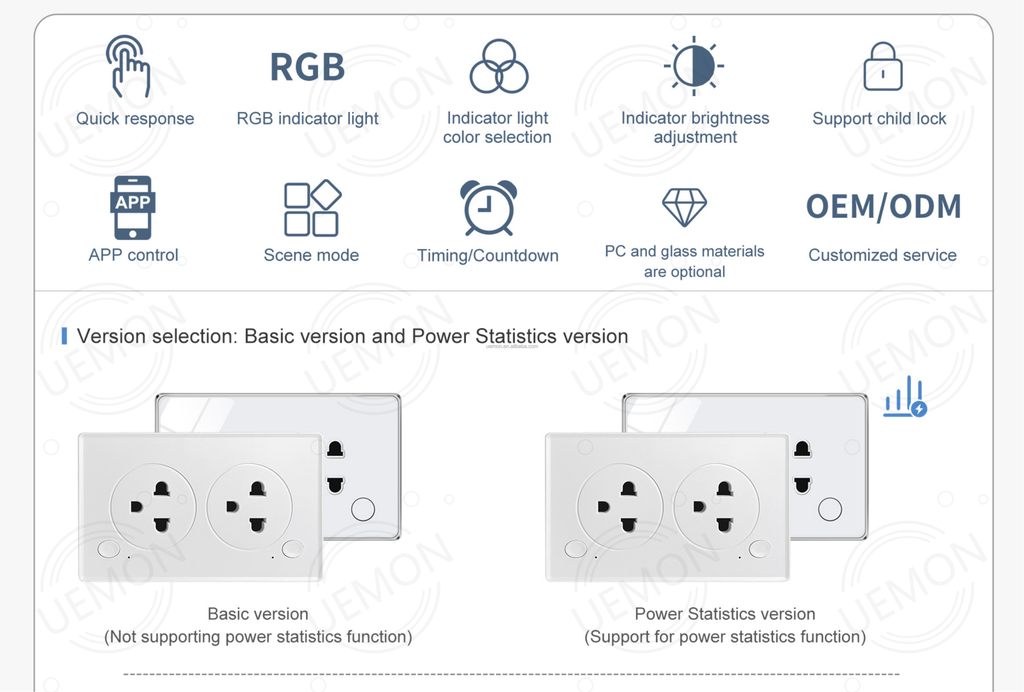 UEMON Smart Home Universal Tuya 1/2 Gang Wifi & Zigbee Wall Smart Touch Electrical Switches and Sockets