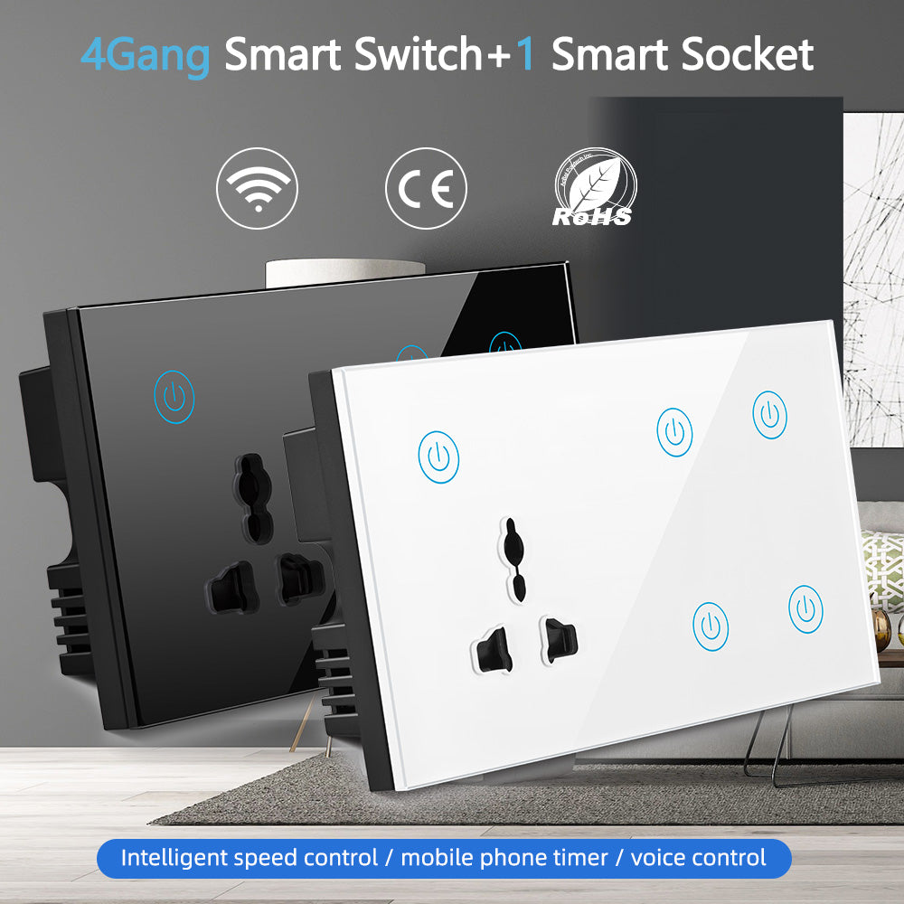 UEMON Smart Home 147mm Touch Panel Glass Wall-Mounted Light Switch with 1 Universal Socket & 4 Switches