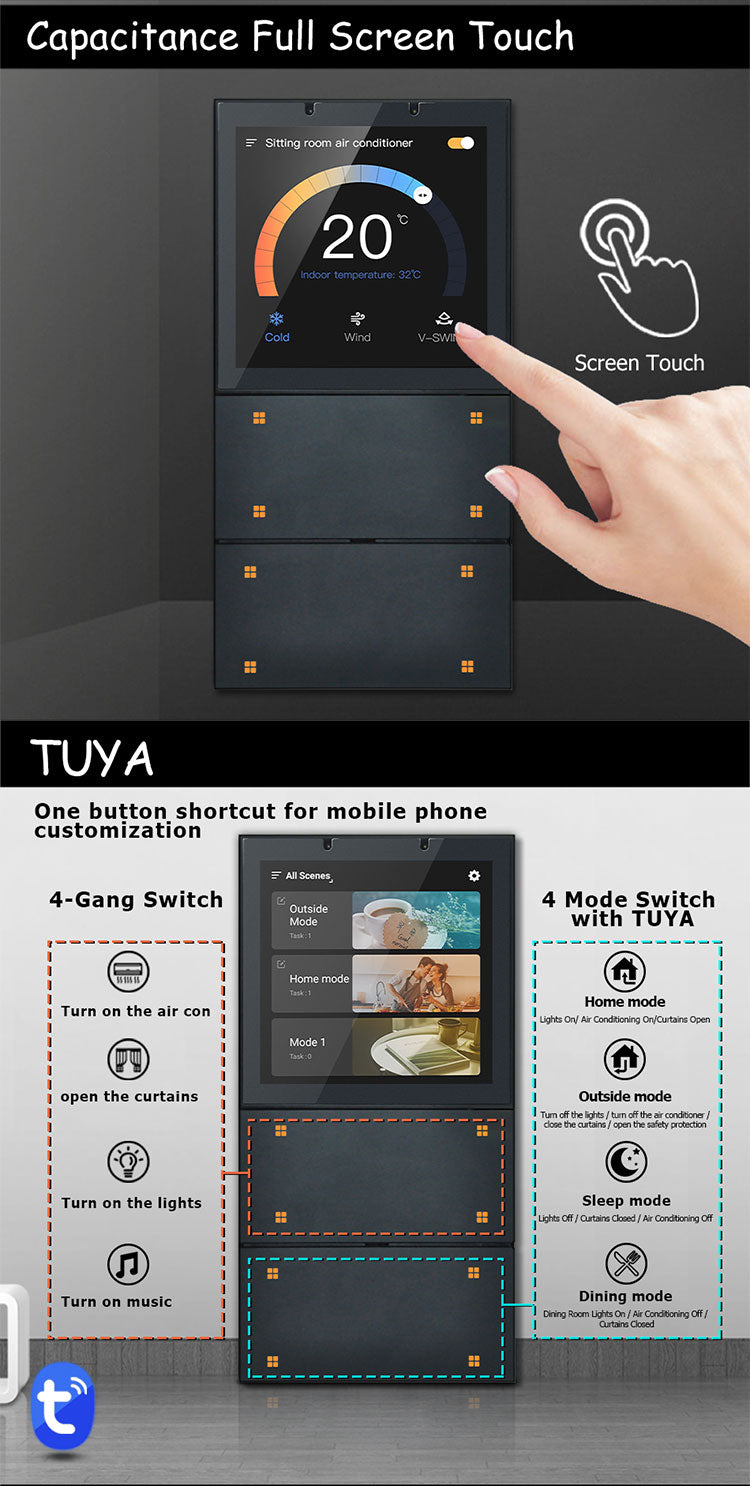 UEMON 4-Inch Android 8.1 Smart Home Control Panel Tuya WiFi Zigbee Switch 4 Gang Background Music Voice Control
