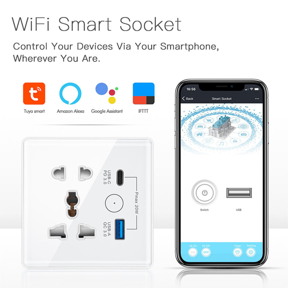 UEMON Smart Home Appliances EU Standard Wifi Wall Outlet Socket with USB & Type-C Fast Charging