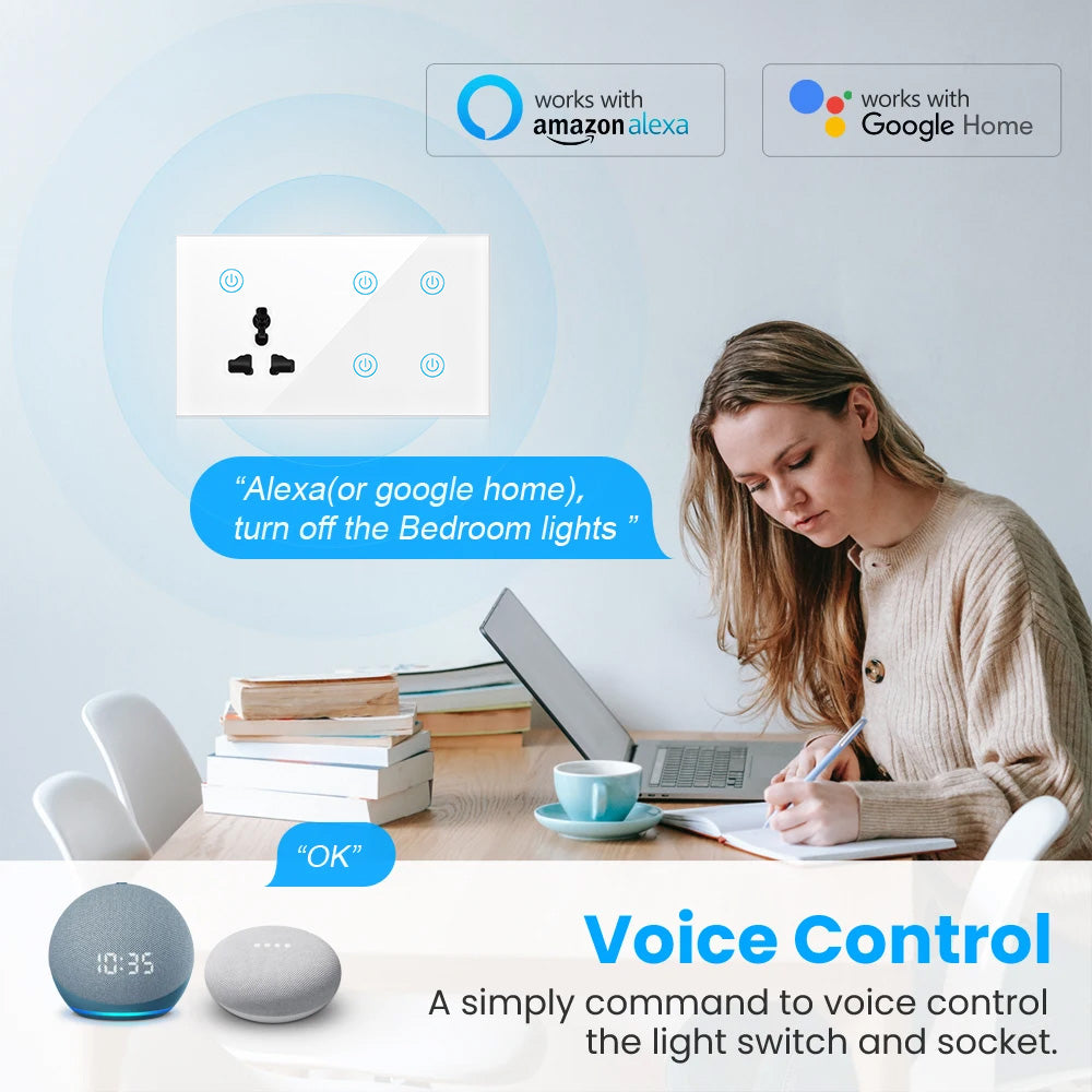 UEMON Smart Home 147mm Touch Panel Glass Wall-Mounted Light Switch with 1 Universal Socket & 4 Switches