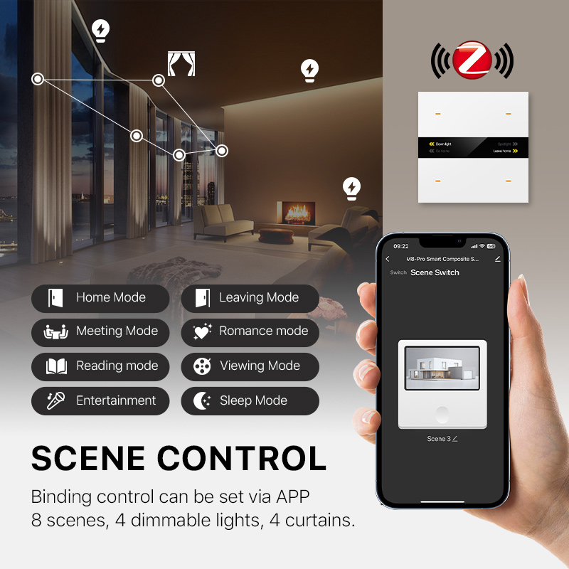 UEMON Smart Home 4 Gang Zigbee Panel Dimmer Light Combination Switches Electric Power App Control Custom Key Names Function
