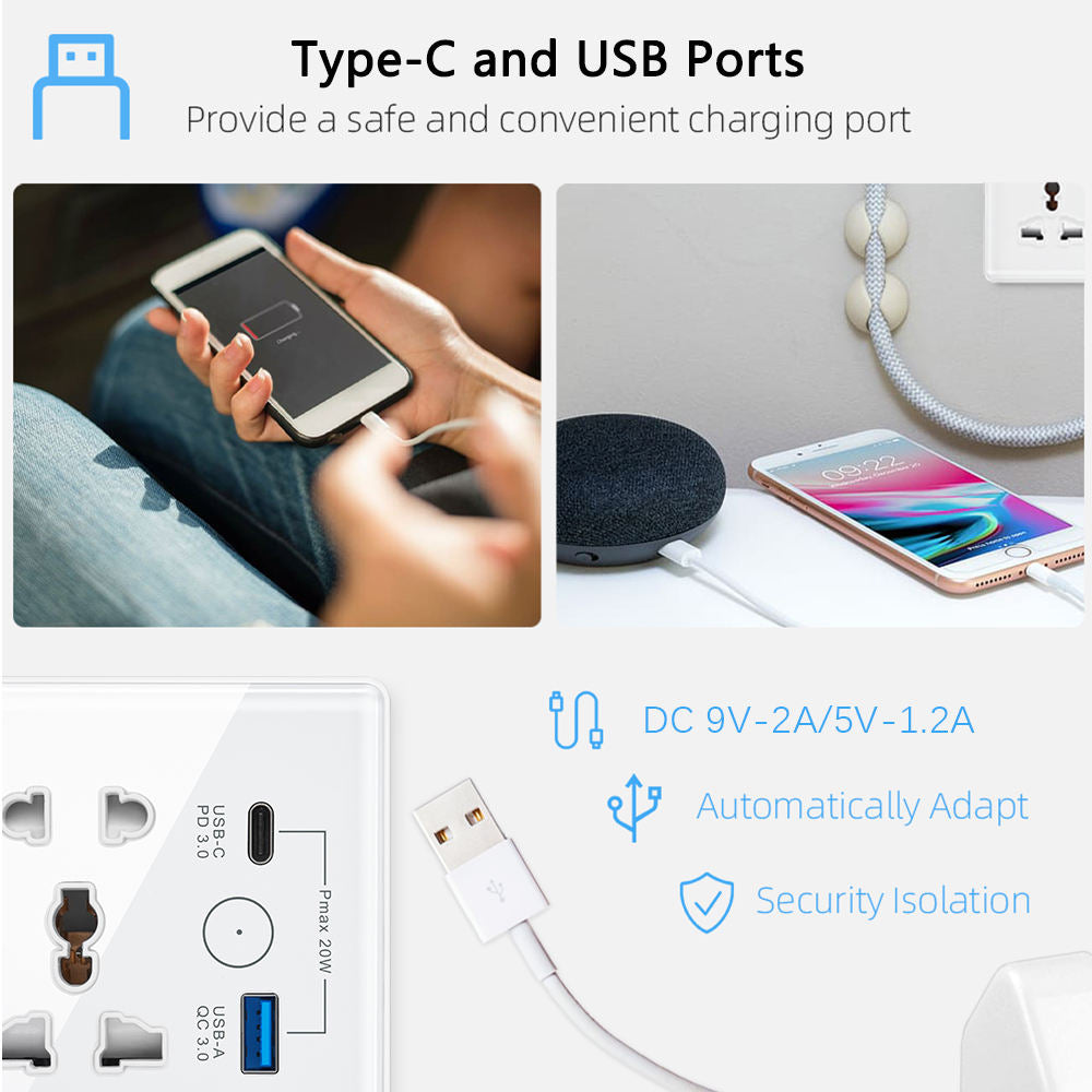 UEMON Smart Home Appliances EU Standard Wifi Wall Outlet Socket with USB & Type-C Fast Charging