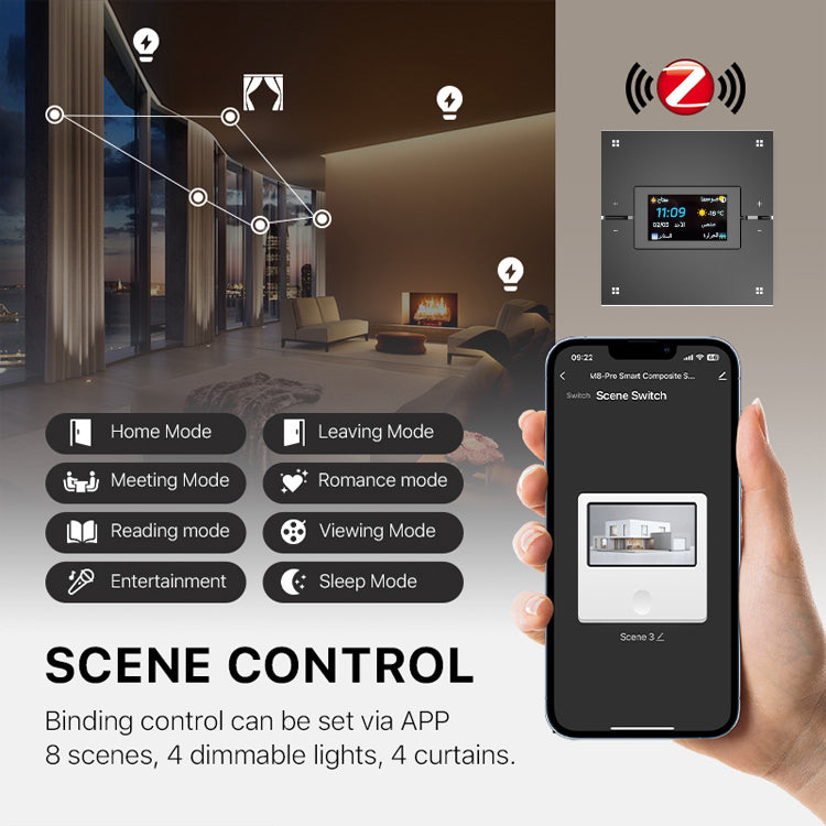 UEMON M9 Pro Smart Home Zigbee Tuya Dimmer Switch 8 Gang Dimming Scene Switch Time Calendar Weather Display Electric Power