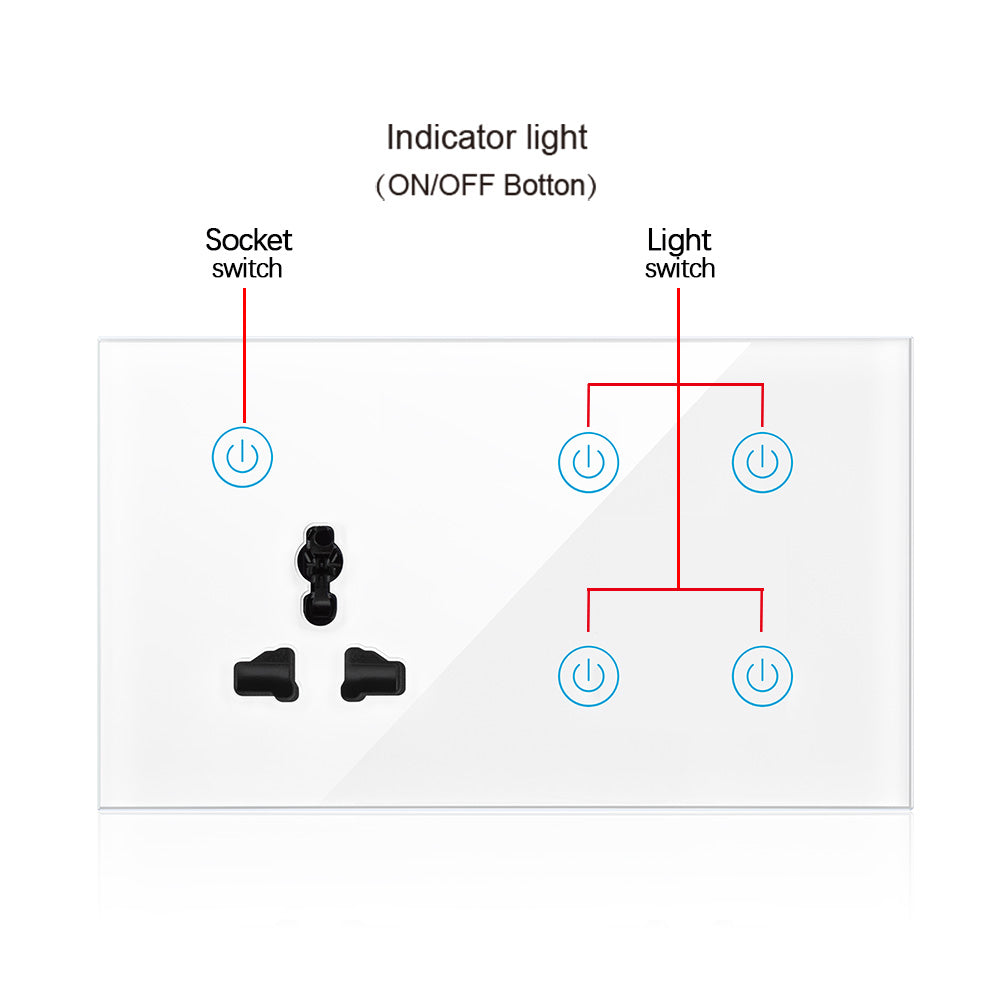 UEMON Smart Home 147mm Touch Panel Glass Wall-Mounted Light Switch with 1 Universal Socket & 4 Switches