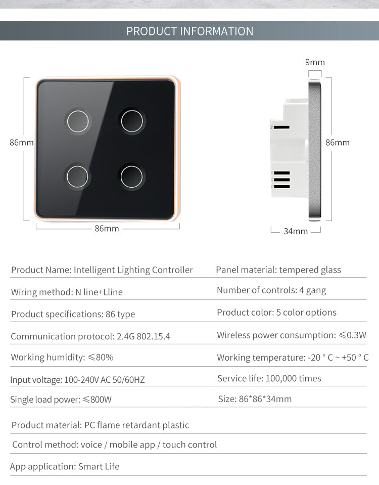 UEMON Smart Home 86MM EU/UK Standard Zigbee&Wi-Fi for Mesh Tuya App Control Wall Switch with Concave Glass