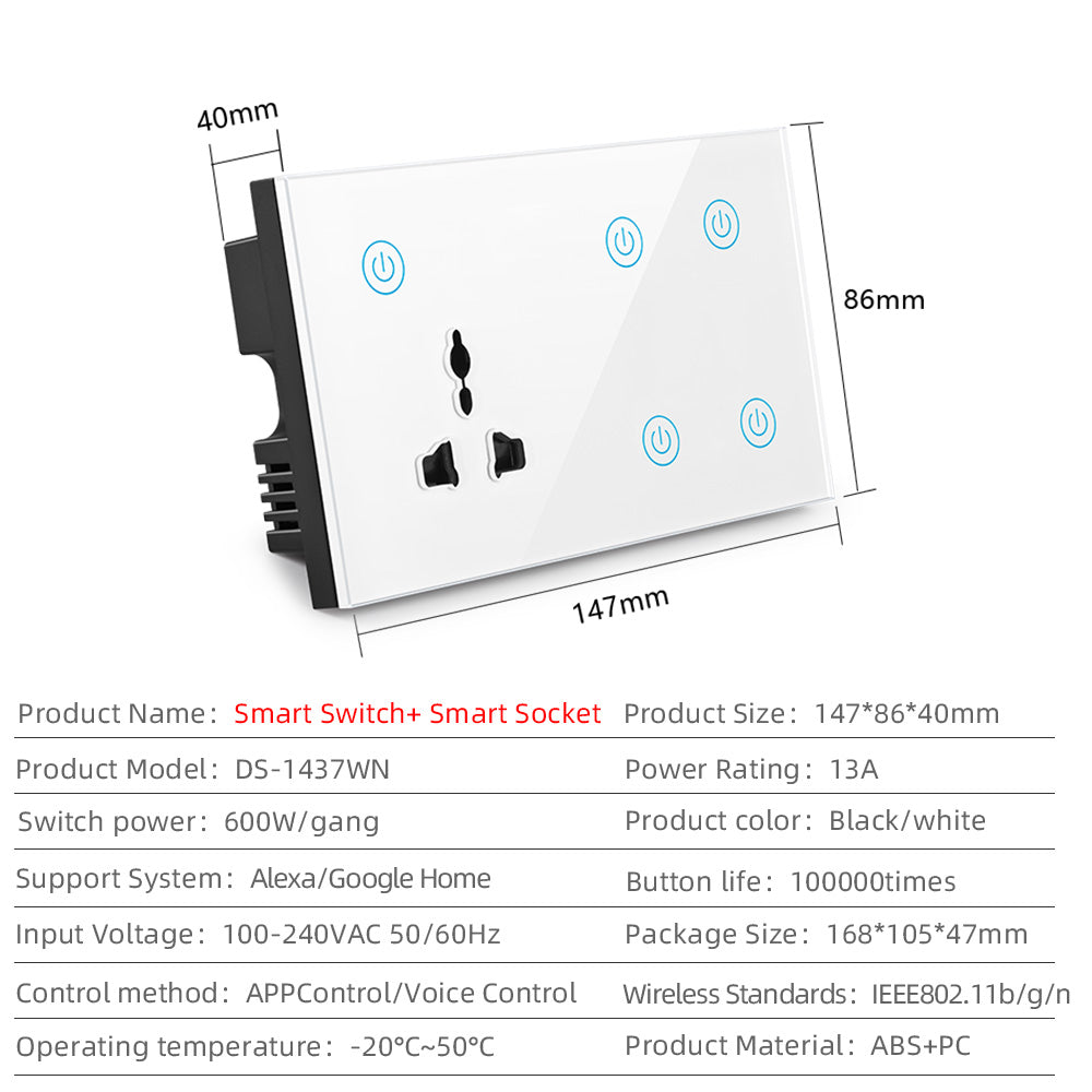 UEMON Smart Home 147mm Touch Panel Glass Wall-Mounted Light Switch with 1 Universal Socket & 4 Switches