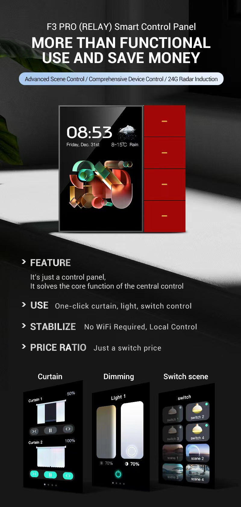 UEMON 3.5 Inch Smart Touch Screen Wall Switch 4 Gang 8 Way Scene Radar Sensor Dimming Control Curtain Multi-funciton Switch