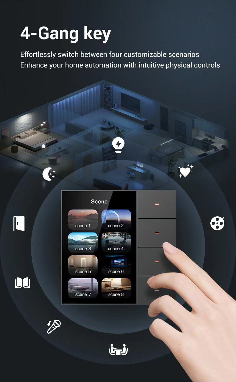 UEMON 3.5 Inch Smart Touch Screen Wall Switch 4 Gang 8 Way Scene Radar Sensor Dimming Control Curtain Multi-funciton Switch